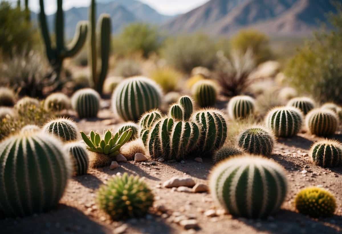 A desert garden with various cacti arranged in beautiful patterns, set against the backdrop of the Arizona landscape