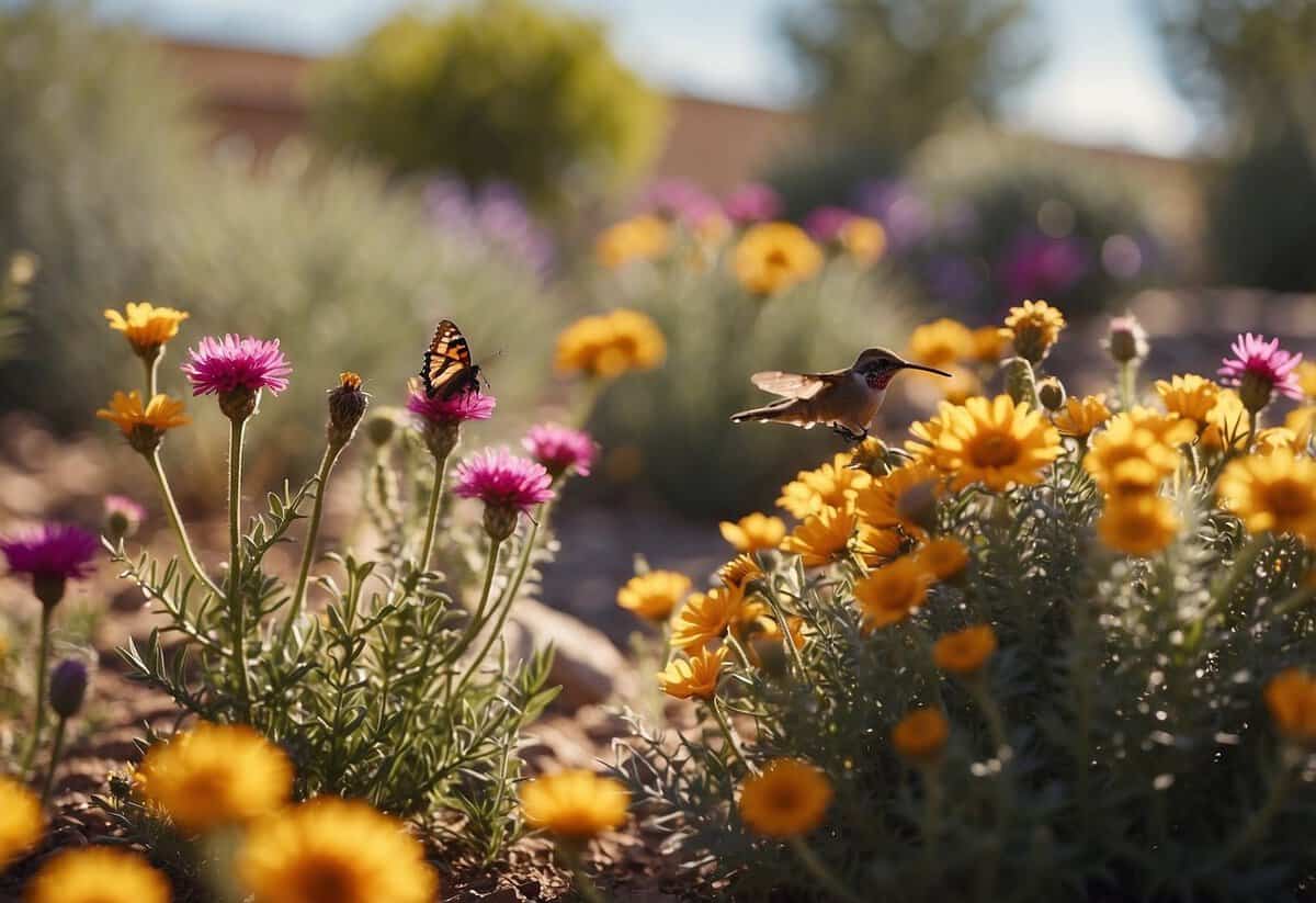 A vibrant pollinator garden in Arizona, with native flowers and plants attracting bees, butterflies, and hummingbirds. Sunshine illuminates the colorful blooms and a small fountain adds a tranquil touch