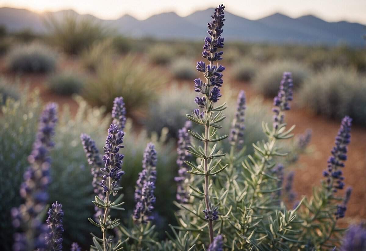 A desert landscape with colorful, drought-resistant herbs like lavender, rosemary, and sage thriving in the arid Arizona climate