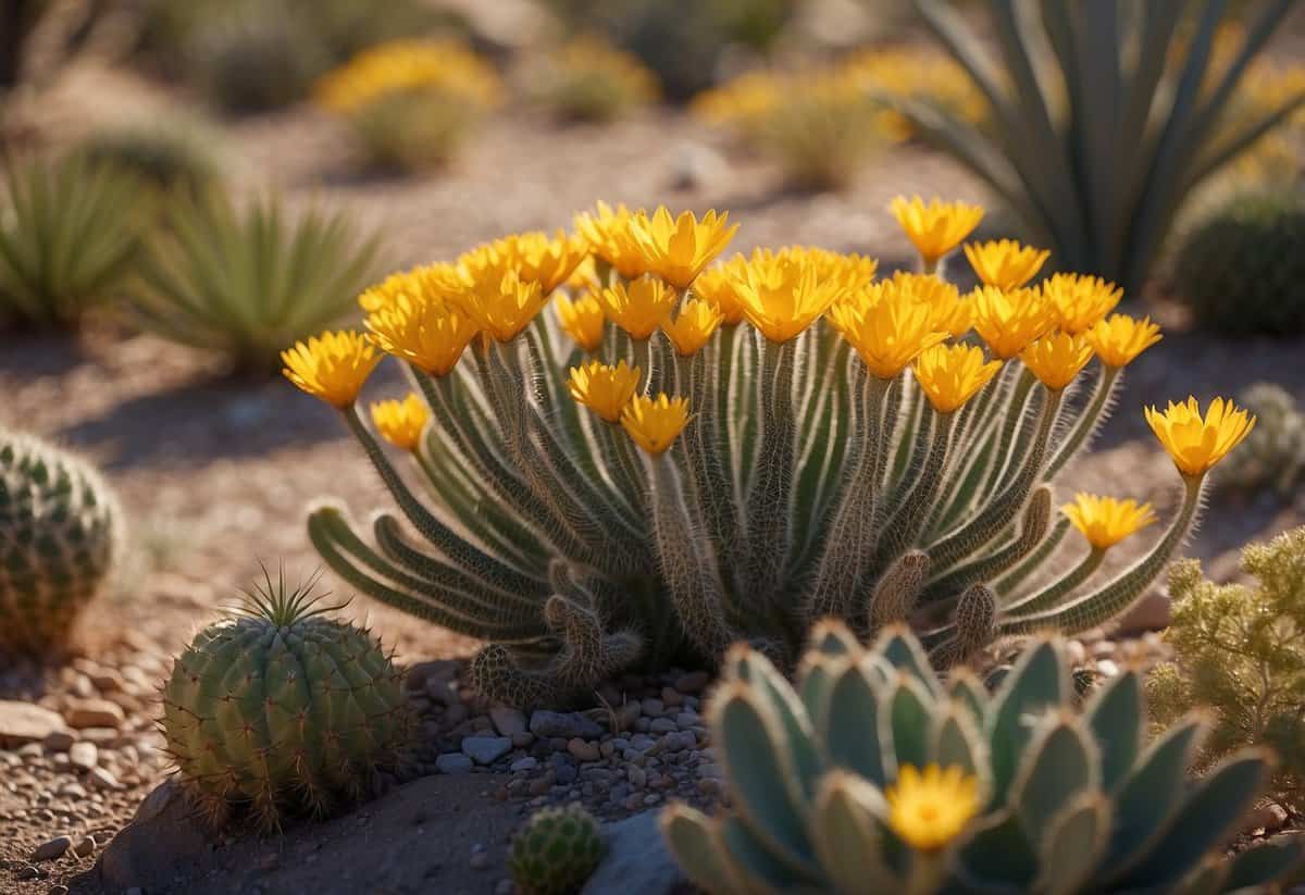 Vibrant desert perennials bloom in a sun-drenched Arizona garden, with colorful cacti, succulents, and wildflowers creating a stunning display