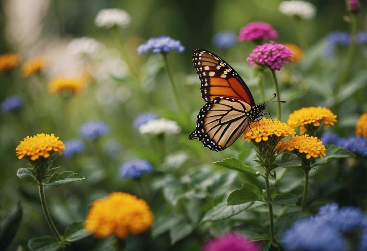 A lush garden filled with vibrant butterfly-attracting plants, buzzing with life and color