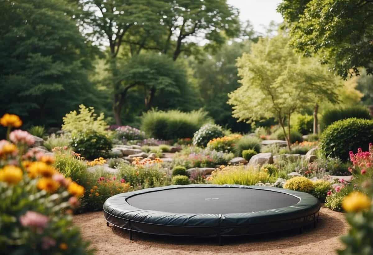 A trampoline sits in the center of a rock garden, surrounded by colorful flowers and lush greenery. The rocks form a natural border around the trampoline, creating a peaceful and inviting outdoor space