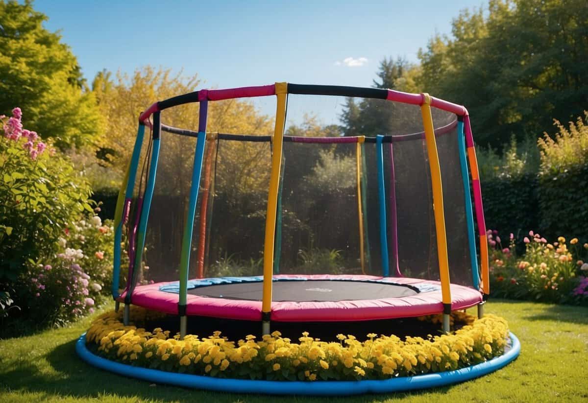 Children's trampoline in a lush garden, surrounded by colorful flowers and greenery, with a clear blue sky in the background