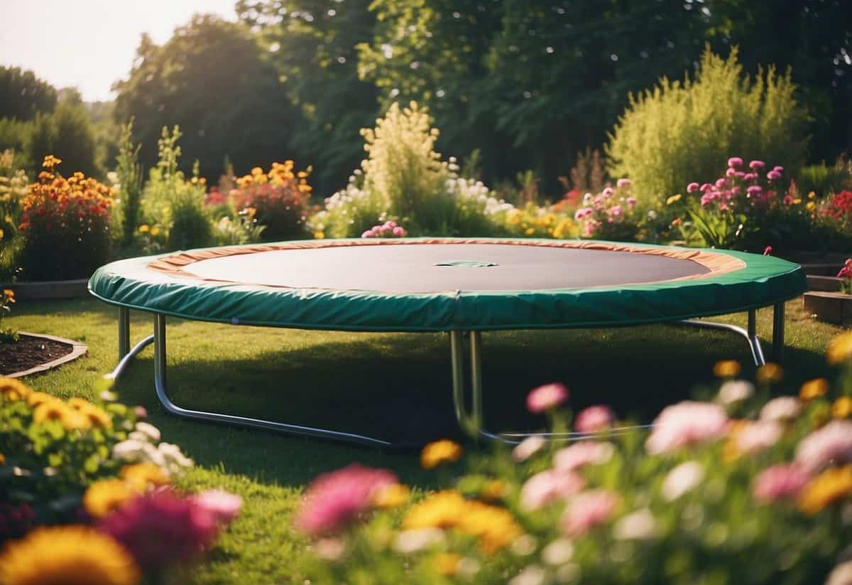 A colorful trampoline sits in the center of a flower bed garden, surrounded by vibrant blooms and lush greenery