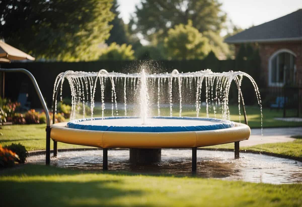 A trampoline sits in the center of a garden, surrounded by a splash pad. Water jets shoot up from the ground, creating a fun and refreshing play area