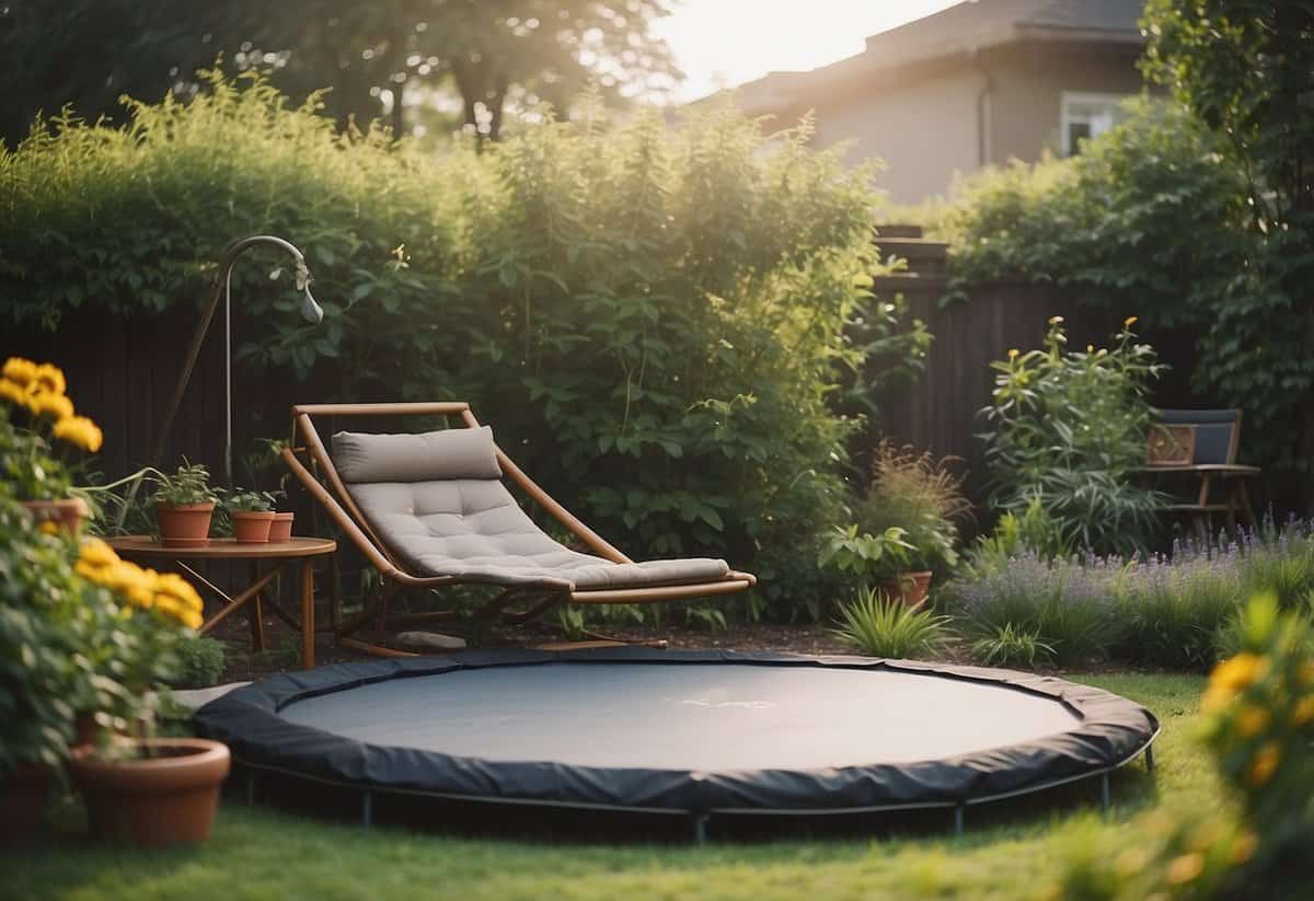 A backyard garden with a trampoline surrounded by lounge chairs and greenery