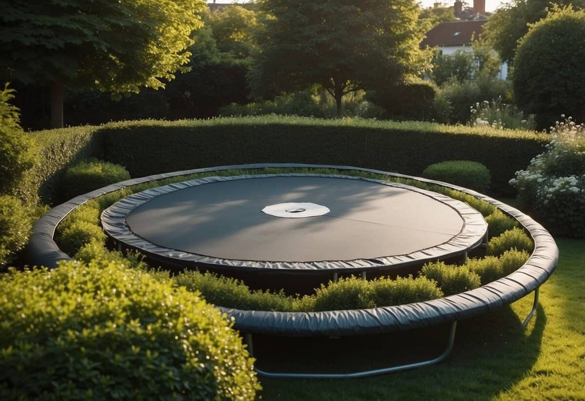 A trampoline sits in the center of a lush garden, surrounded by neatly trimmed hedges