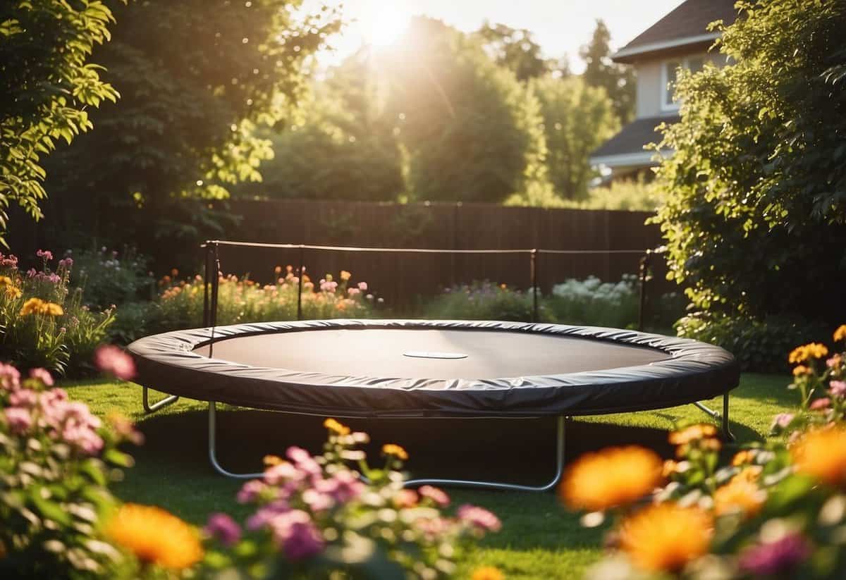 A trampoline sits in a lush garden, surrounded by vibrant flowers and greenery. The sun shines down, casting a warm glow over the bouncing surface