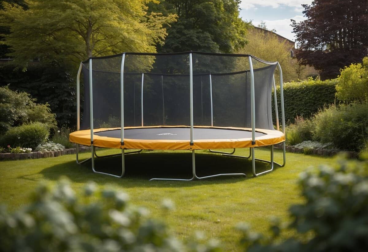 A trampoline is securely placed in a spacious, flat area of the garden, away from obstacles and with a safety net enclosure. Surrounding the trampoline are soft, impact-absorbing materials like grass or rubber mulch