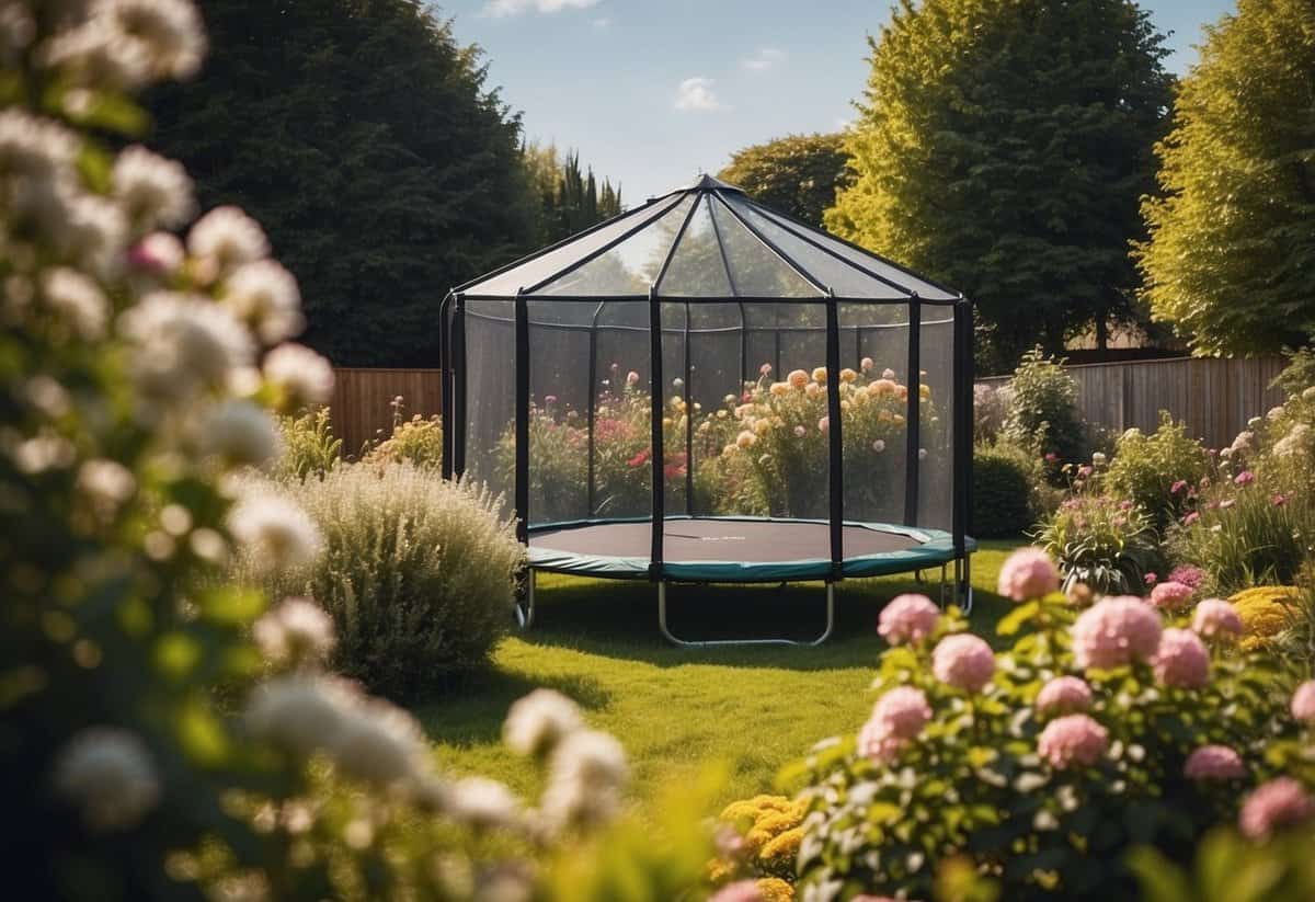 A garden with a trampoline surrounded by blooming flowers and neatly trimmed bushes, with a small shed in the background