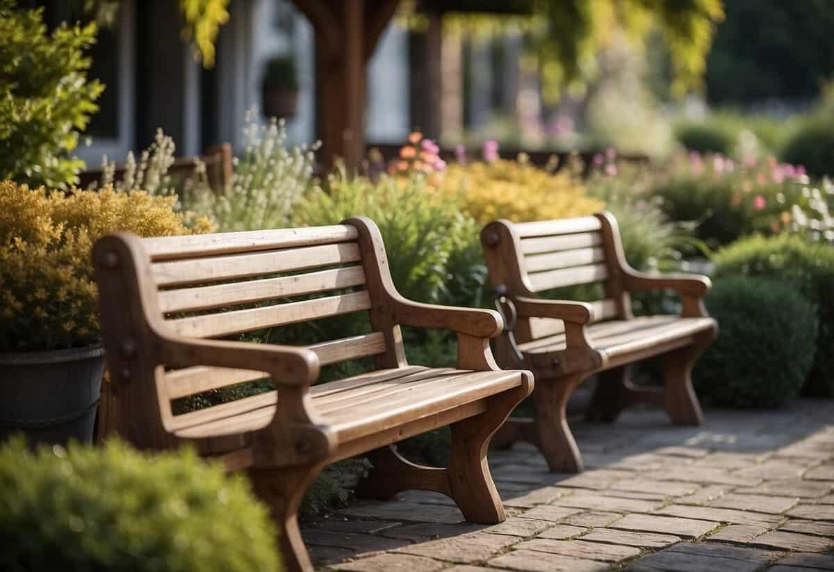 Rustic wooden benches arranged in a charming garden dining area