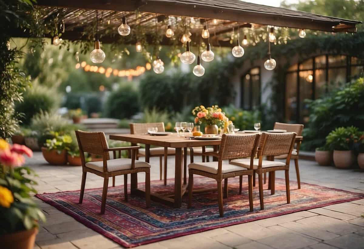 A vibrant outdoor dining area with colorful rugs, surrounded by lush greenery and blooming flowers, creating a cozy and inviting atmosphere