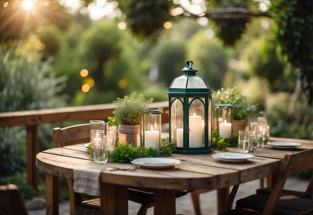 A dining area in a garden with recycled glass candle holders on the table, surrounded by greenery and natural light