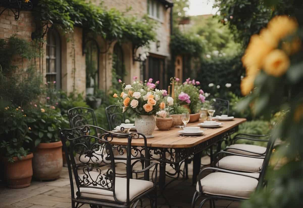 A charming vintage garden dining area with ornate ornaments, surrounded by lush greenery and blooming flowers. A wrought iron table and chairs create a cozy setting for al fresco dining