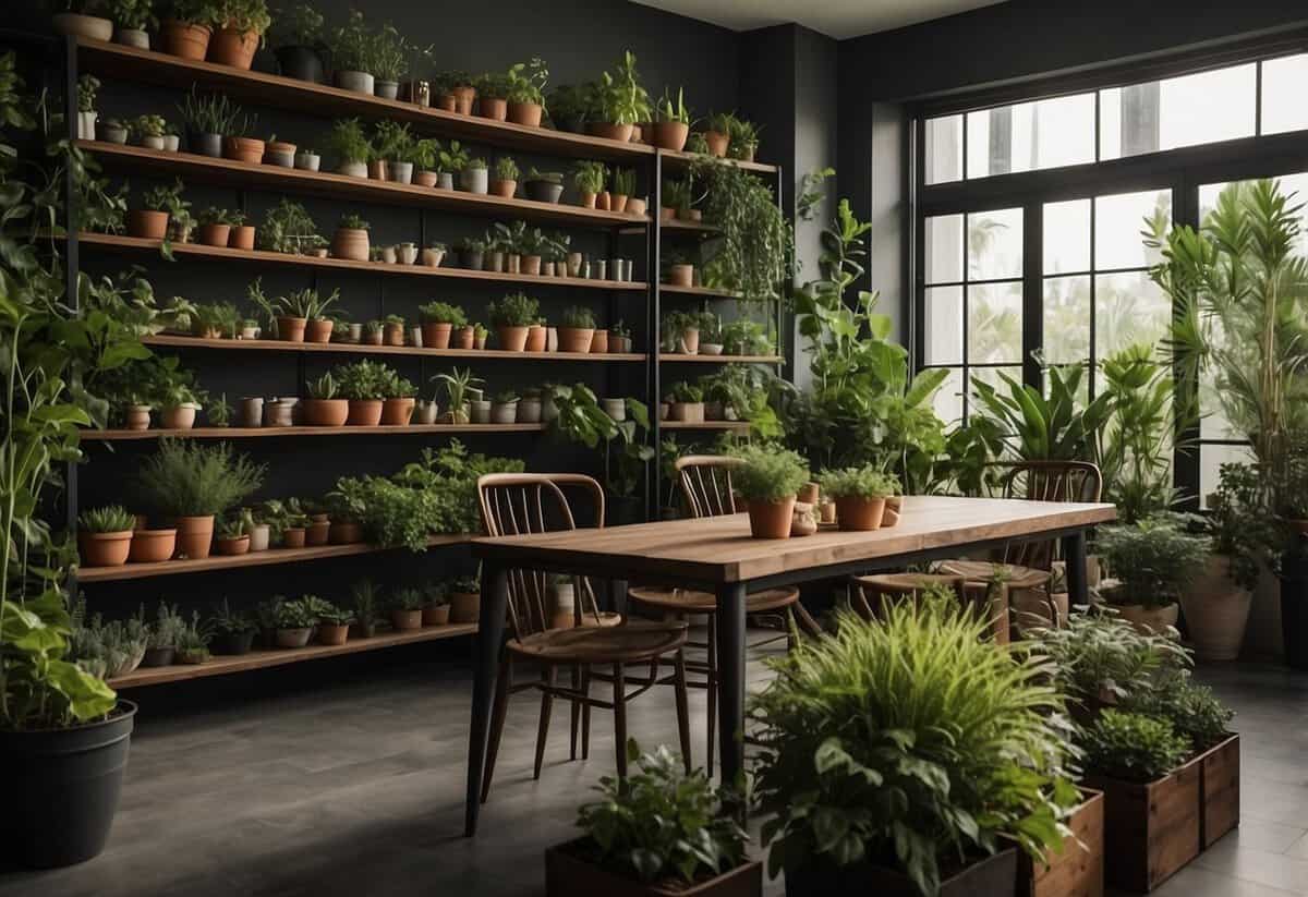 A cozy dining area with shelves filled with various herbs, surrounded by lush greenery and potted plants, providing a serene and natural ambiance