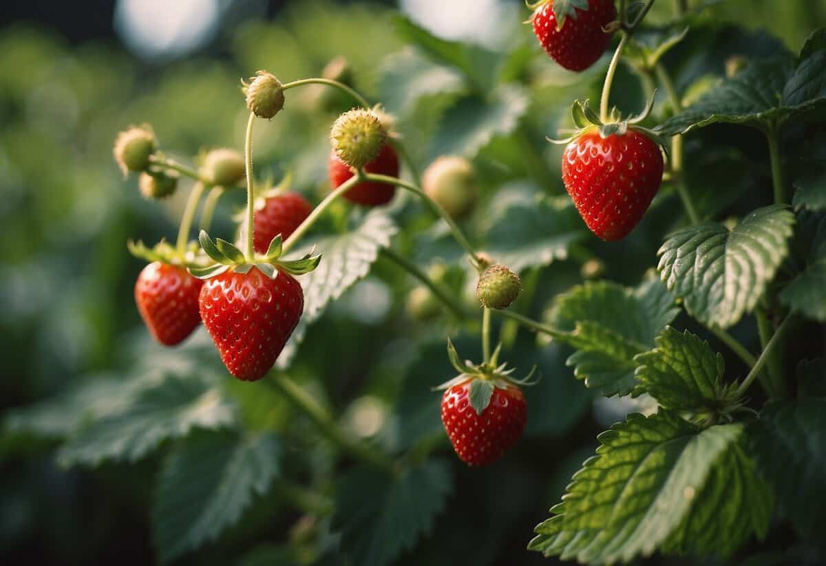 Lush strawberry patch borders a charming garden, with ripe berries peeking out from green leaves