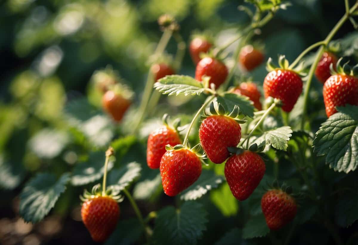 A lush garden bed filled with vibrant red strawberries, surrounded by green foliage and dappled sunlight