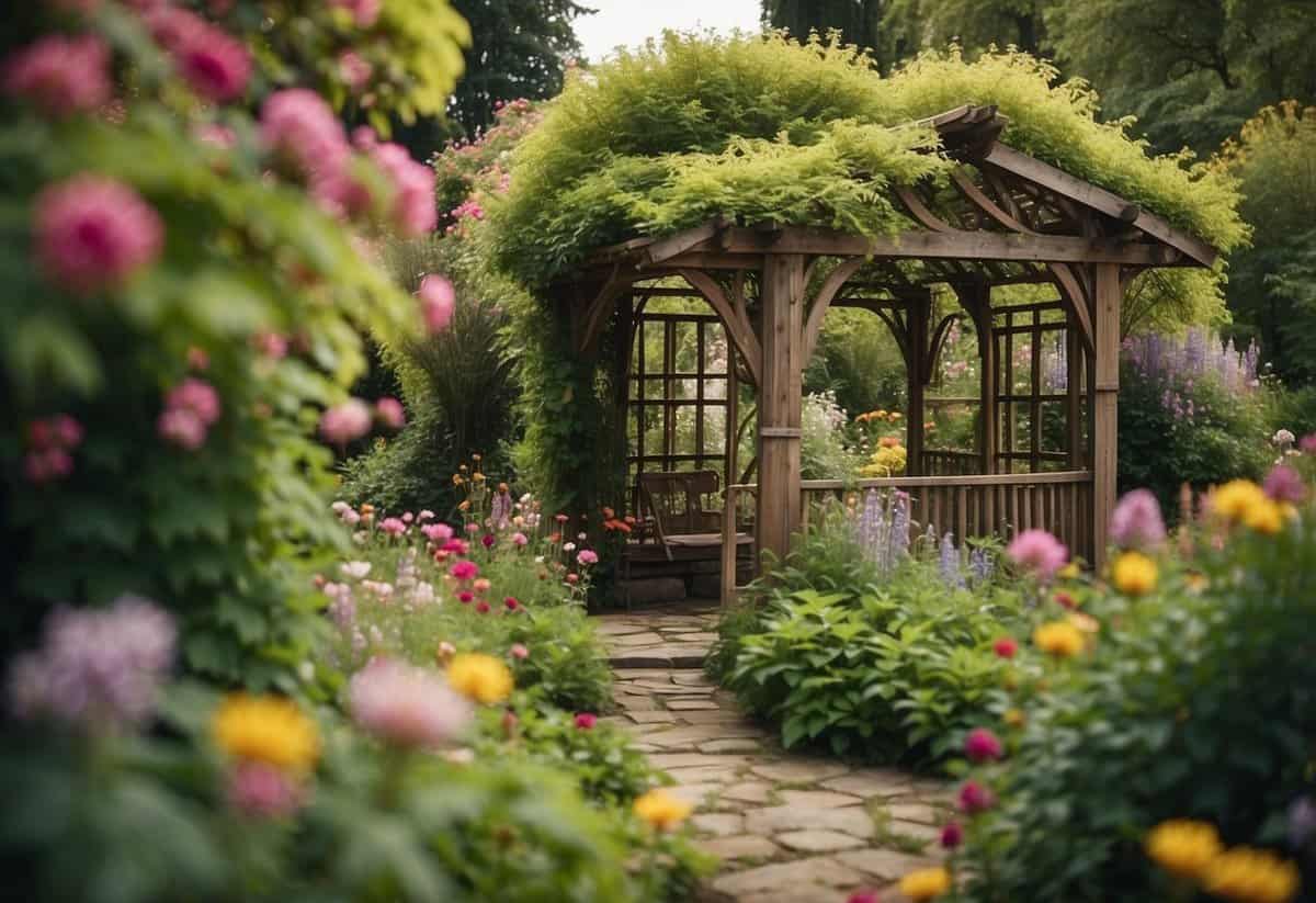 A charming wooden arbor stands in a lush cottage garden, surrounded by vibrant flowers and climbing vines. The rustic structure adds a touch of whimsy to the serene and inviting outdoor space