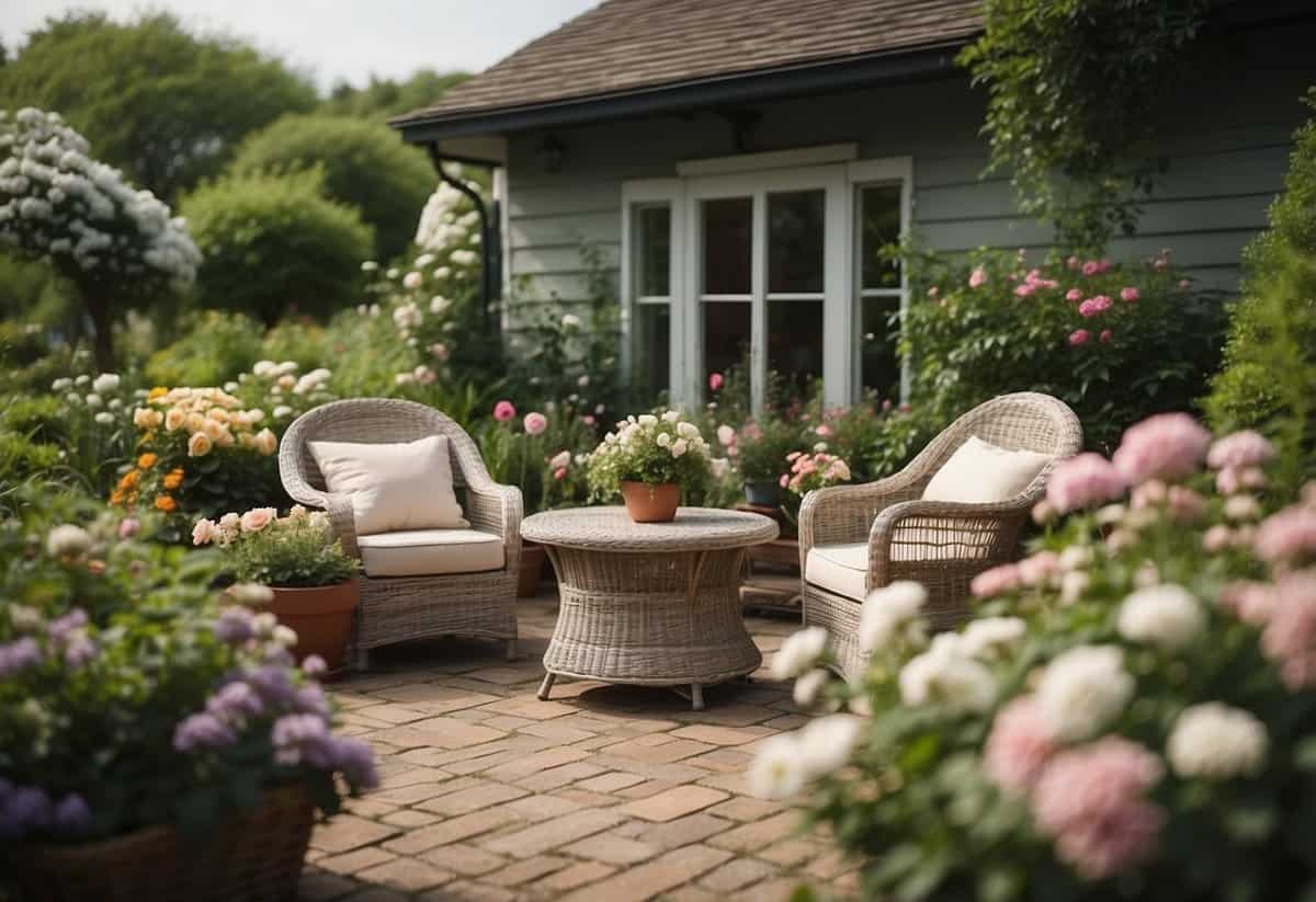 A cozy wicker patio set surrounded by blooming flowers and lush greenery, creating a serene cottage garden oasis