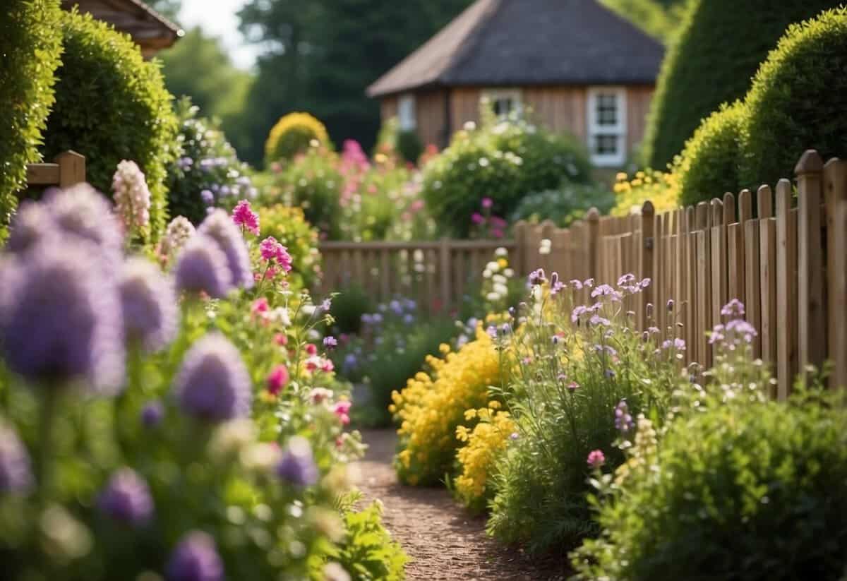 A charming cedar garden fence surrounds a cottage garden filled with colorful flowers and lush greenery