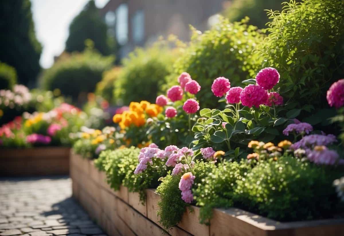 A paved garden with vertical wall planters filled with vibrant flowers and lush greenery, creating a beautiful and space-saving garden display