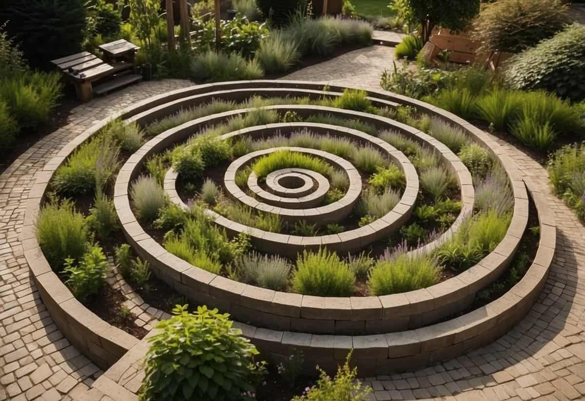 A paved garden with a herb spiral garden design, featuring various herbs and plants arranged in a spiral pattern, surrounded by neatly paved walkways