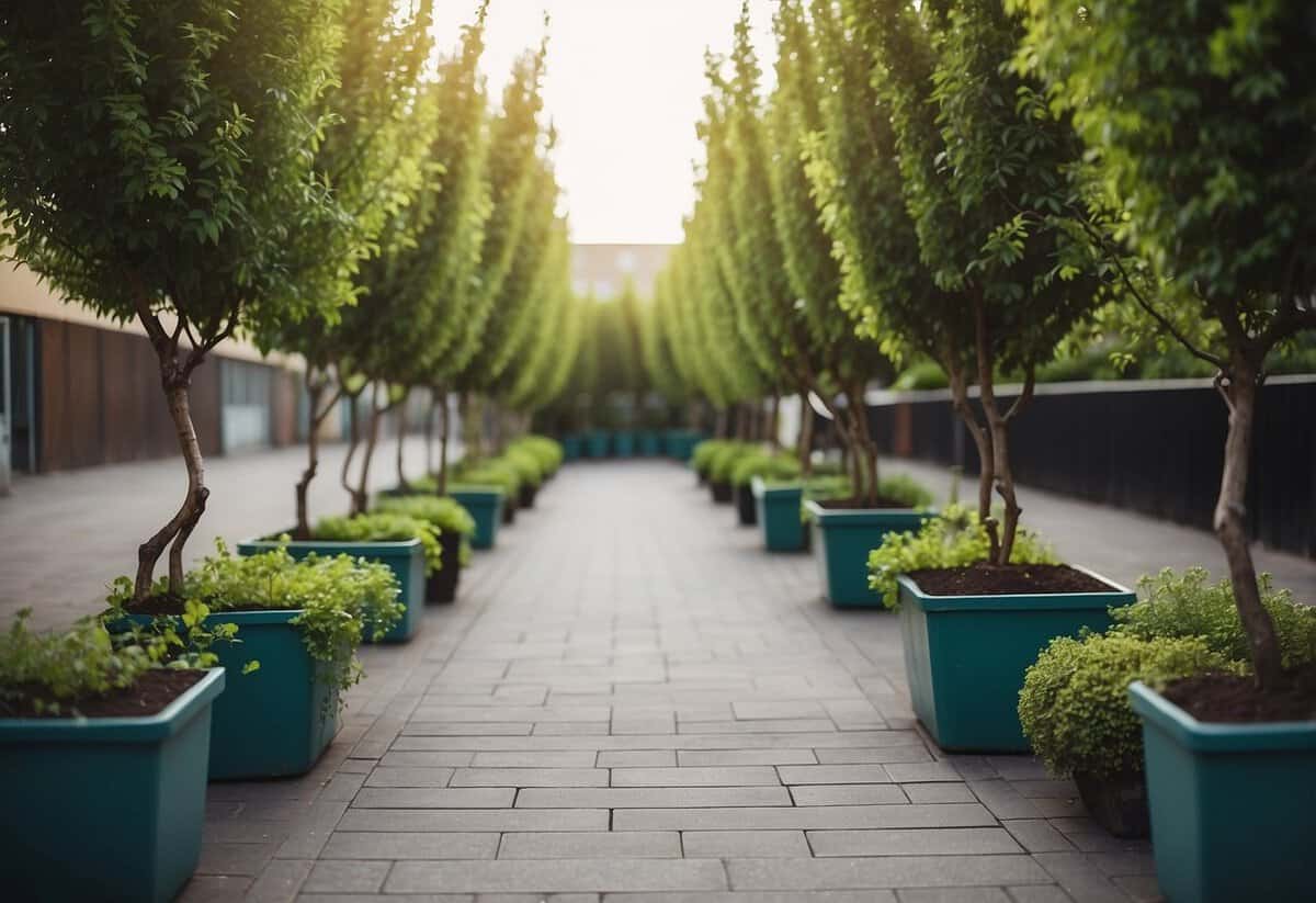 Lush fruit trees in containers line a paved garden, creating a vibrant and practical urban oasis