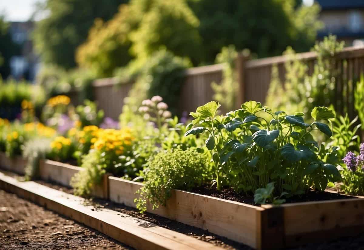 Lush greenery spills over the edges of raised garden beds, nestled within a paved garden. Vibrant flowers and herbs thrive in the sunlight, creating a picturesque and functional outdoor space