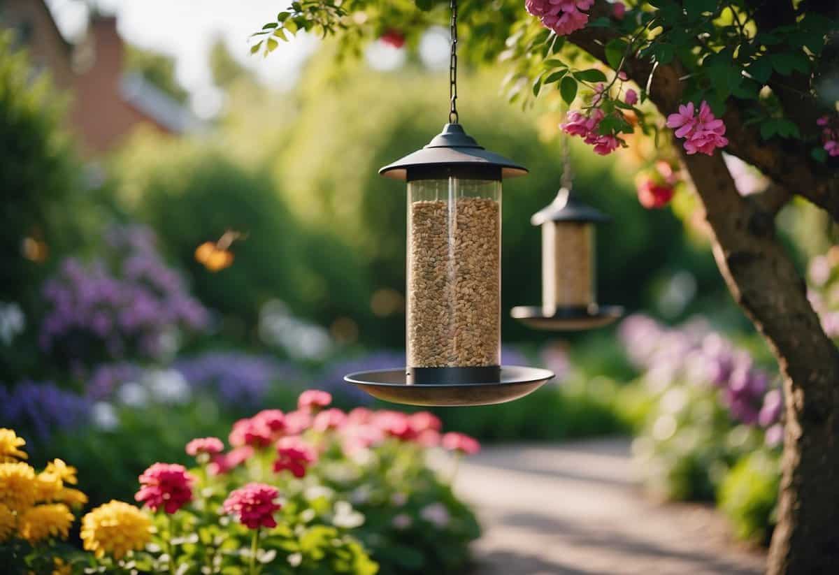 Bird feeders hang from tree branches in a paved garden, surrounded by colorful flowers and lush greenery