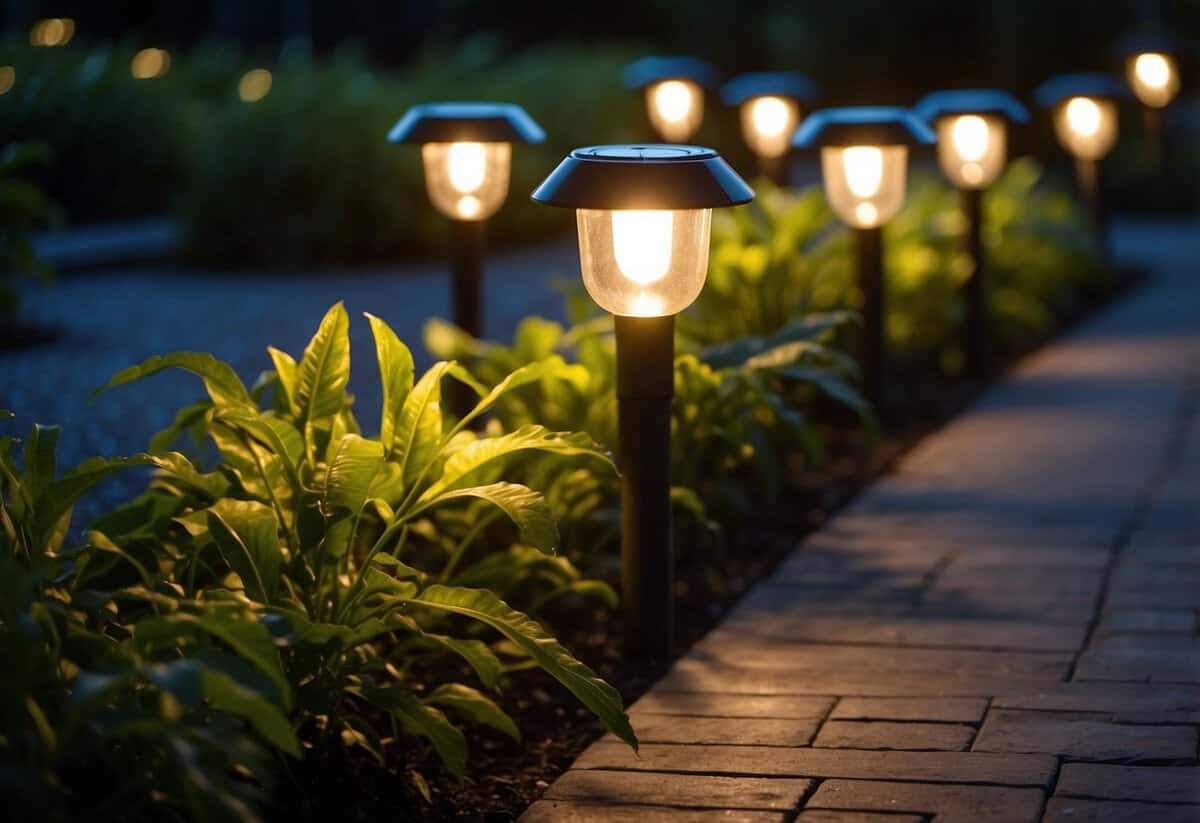 Solar-powered garden lights illuminate a paved garden at night, casting a warm and inviting glow over the walkways and highlighting the surrounding greenery