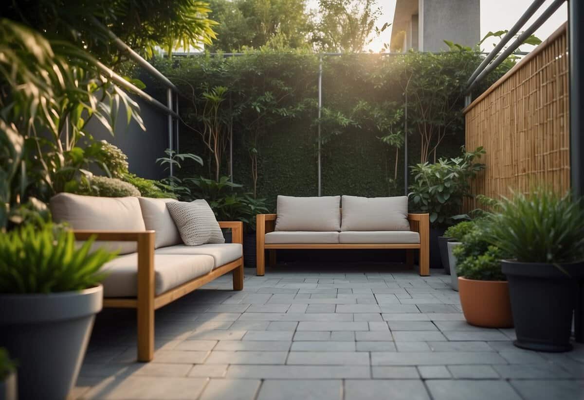 A paved garden with a bamboo privacy screen, surrounded by potted plants and a cozy seating area