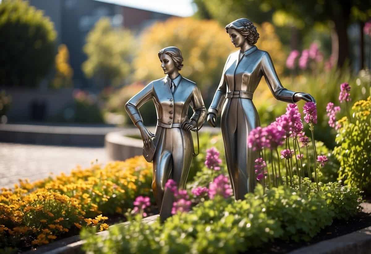 Steel garden sculptures arranged on paved garden, surrounded by colorful flowers and lush greenery. Sunlight casting shadows, creating a dynamic and inviting outdoor space