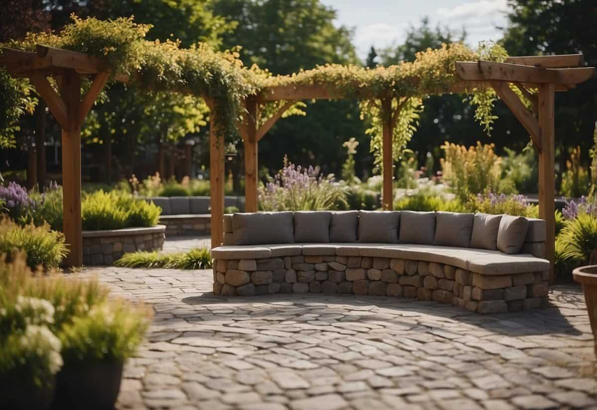 A paved garden with neatly arranged flower beds, a winding stone pathway, and a cozy seating area with a pergola overhead