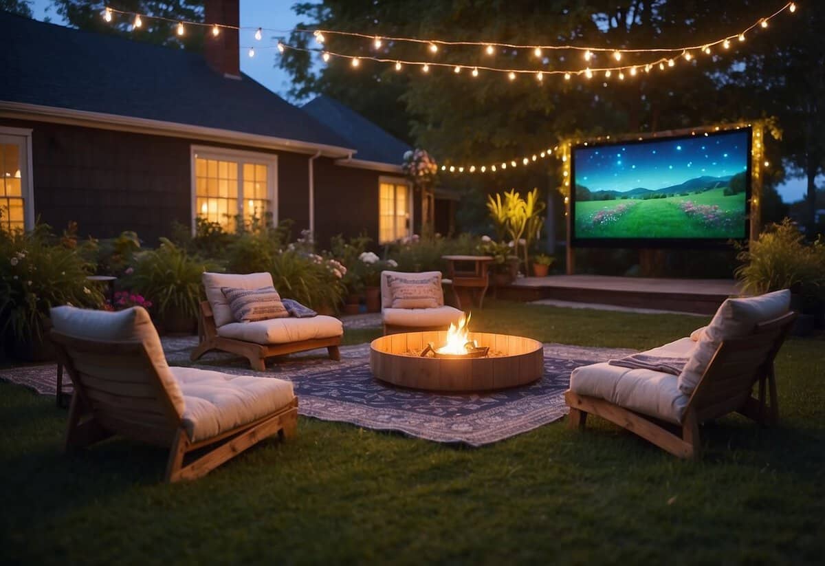 A colorful garden with twinkling lights, a large screen, and cozy blankets set up for an outdoor movie night