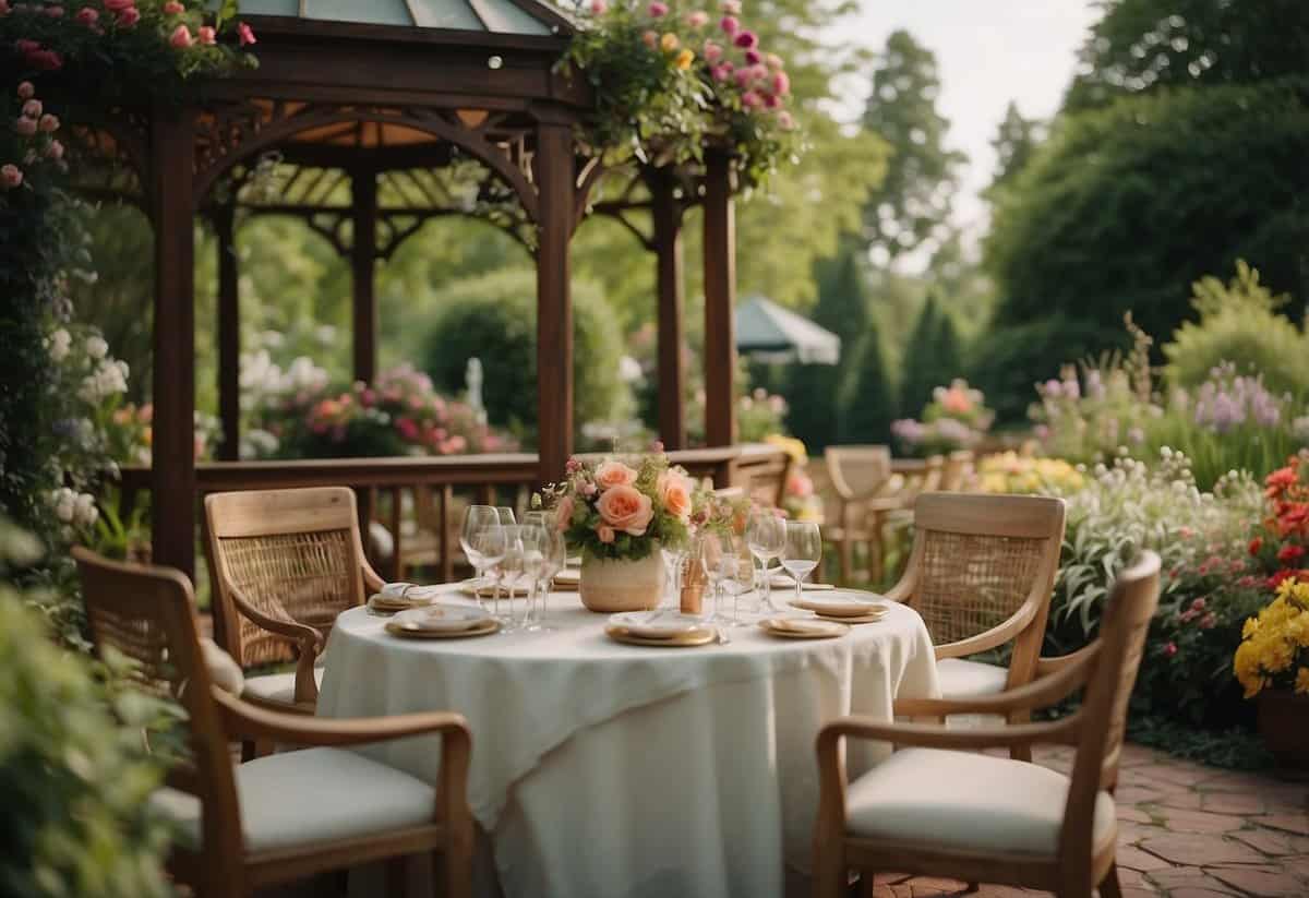 A colorful garden with blooming flowers, lush greenery, and a charming gazebo. Tables adorned with delicate linens and vibrant centerpieces. A gentle breeze rustles the leaves as children play and laughter fills the air