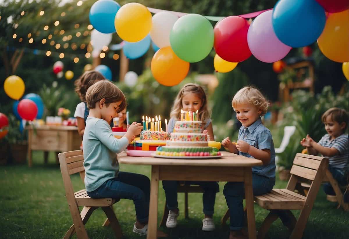 Children playing games in a lush garden, surrounded by colorful decorations and balloons. Tables set up with various activities, and a birthday cake on display