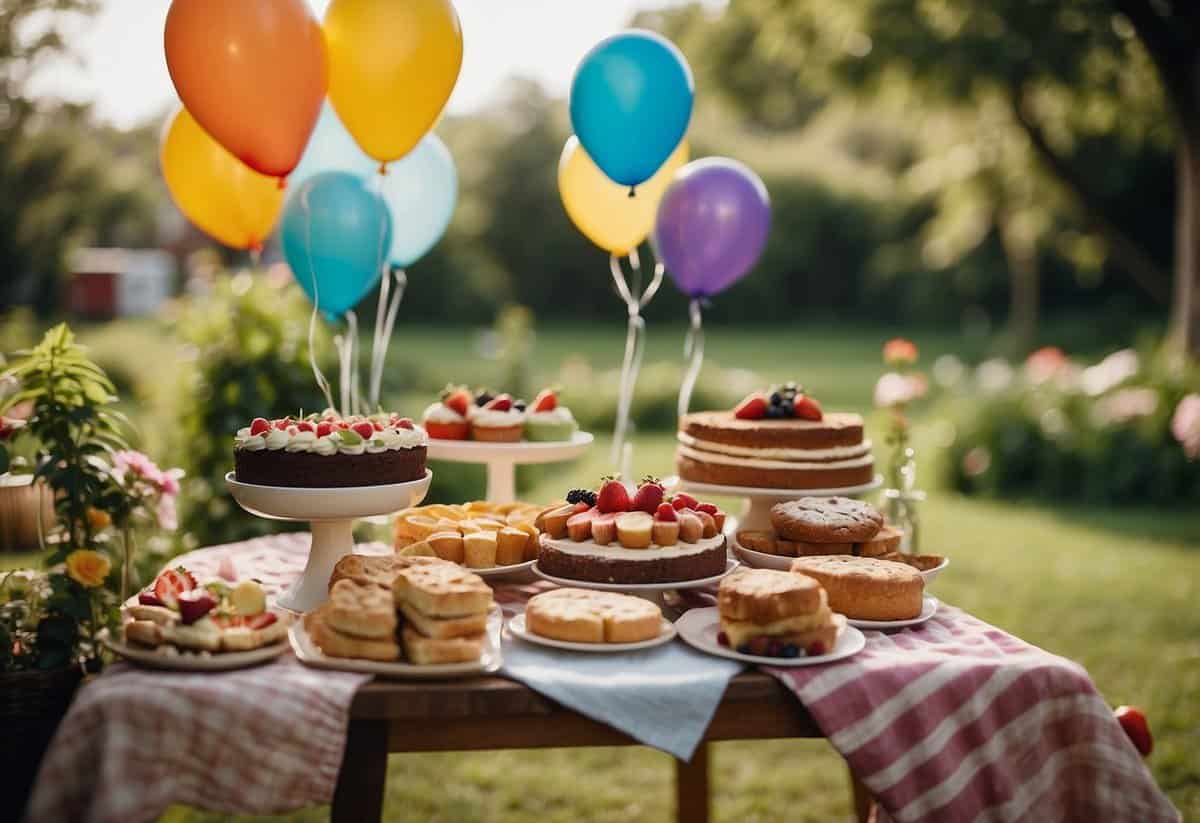 A garden filled with colorful balloons, picnic blankets, and a table overflowing with delicious cakes, sandwiches, and refreshing drinks