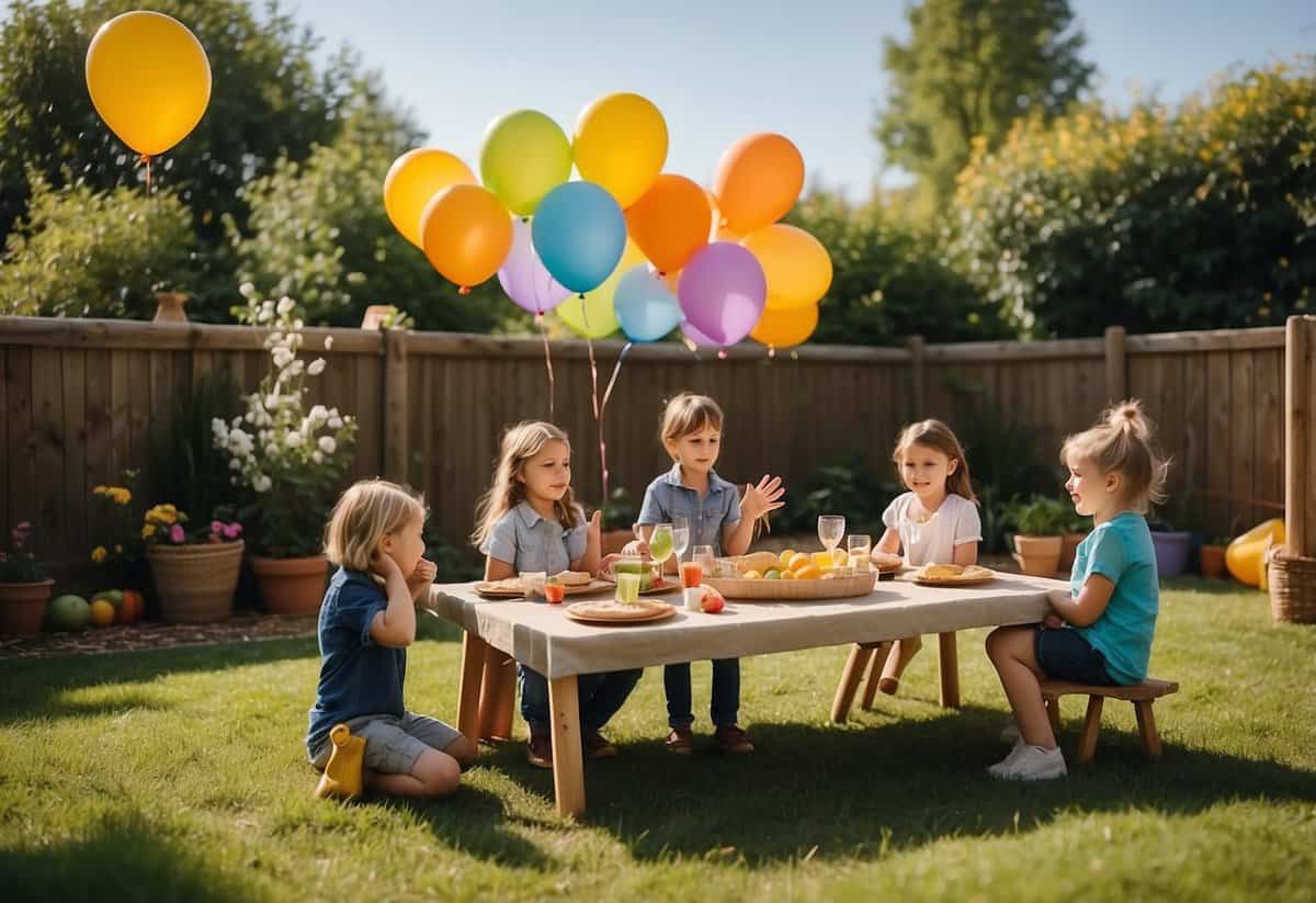 Children play in a fenced garden with soft ground cover. Adults supervise from a distance, ensuring safety. Tables are set with child-friendly snacks and drinks. Balloons and decorations add a festive touch