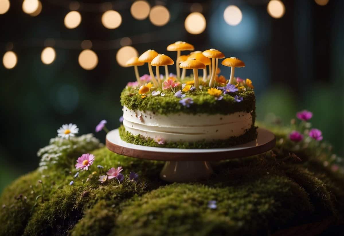 A whimsical cake adorned with edible flowers sits atop a moss-covered table, surrounded by tiny toadstools and twinkling fairy lights