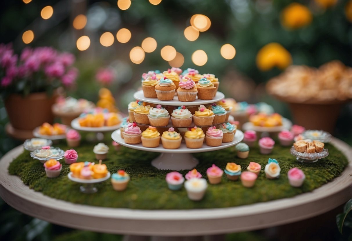 A whimsical garden with tiny tables laden with miniature cakes, sandwiches, and drinks, surrounded by colorful flowers and twinkling fairy lights