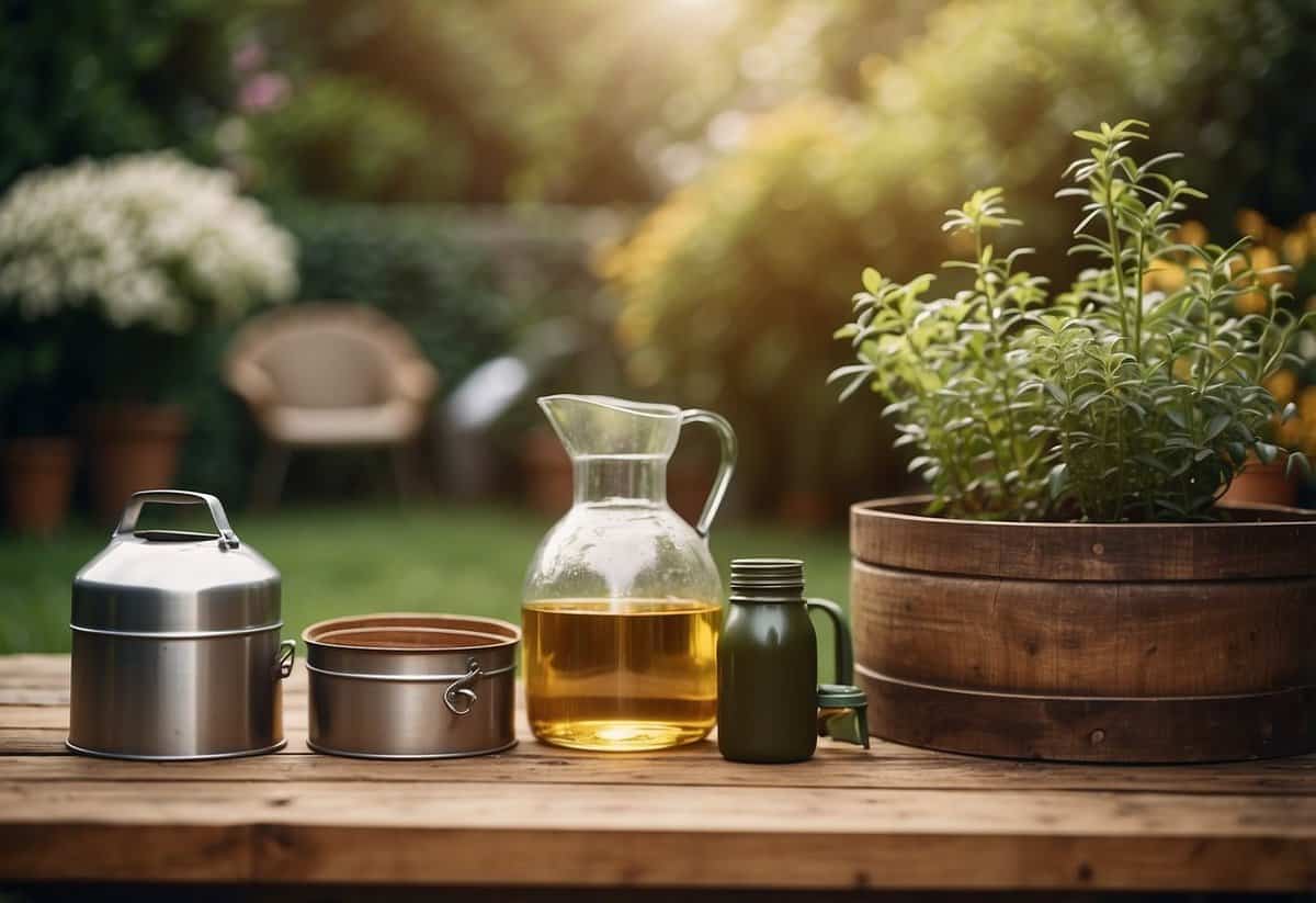 A wooden table in a garden with a storage oil barrel underneath. Various gardening tools and ideas scattered on the table