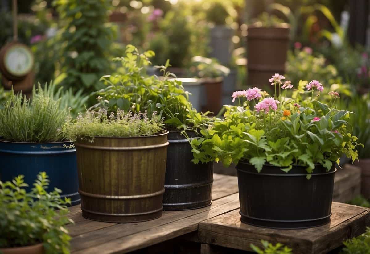 Various oil barrels, including metal and plastic, repurposed as planters in a lush garden setting. Flowers and vegetables thrive in the creatively reused containers