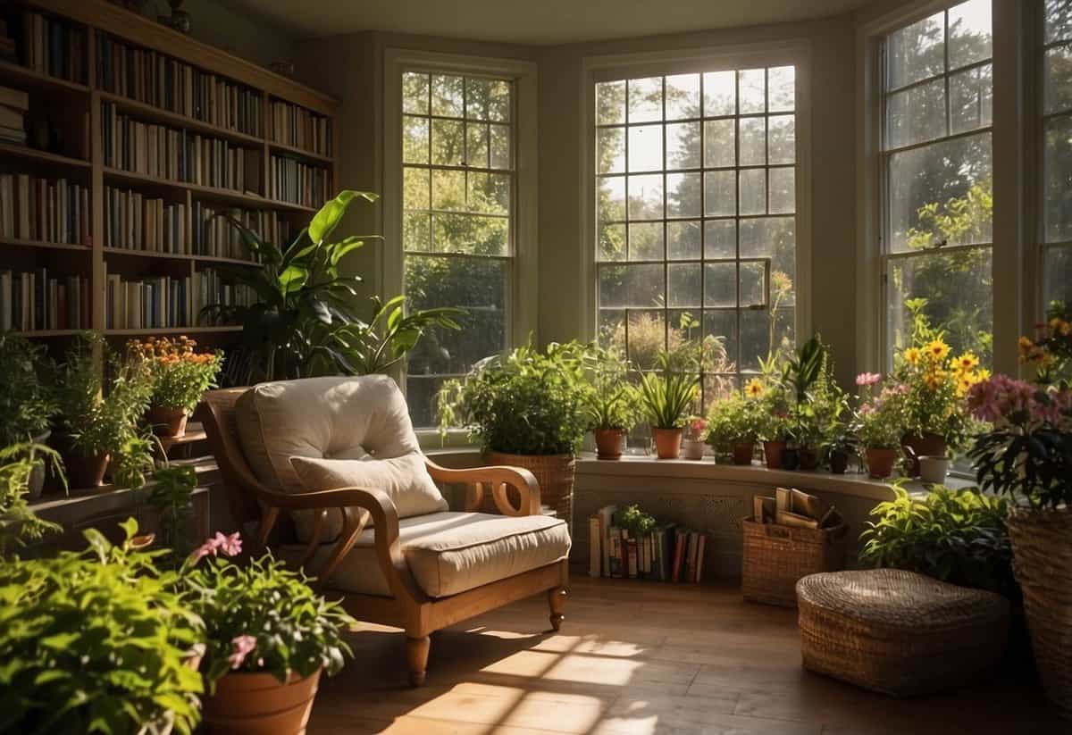 Sunlight streams into a cozy garden room, illuminating built-in bookshelves filled with lush green plants and colorful flowers. A comfortable chair sits nearby, inviting readers to relax and enjoy the natural surroundings