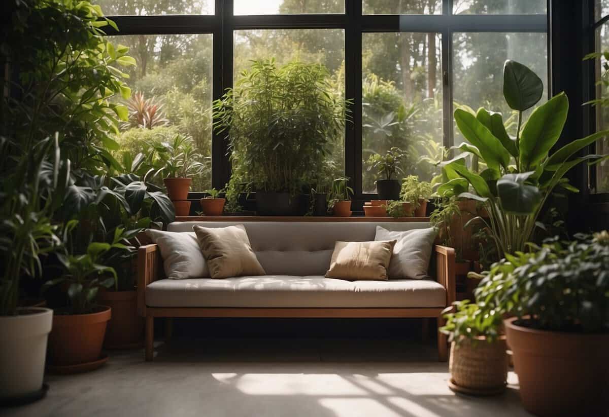 A convertible sofa bed sits in a cozy garden room, surrounded by potted plants and soft natural light streaming in through the windows