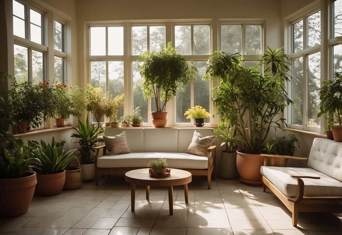 A bright garden room with ceramic tile flooring, potted plants, and comfortable seating, surrounded by large windows and natural light