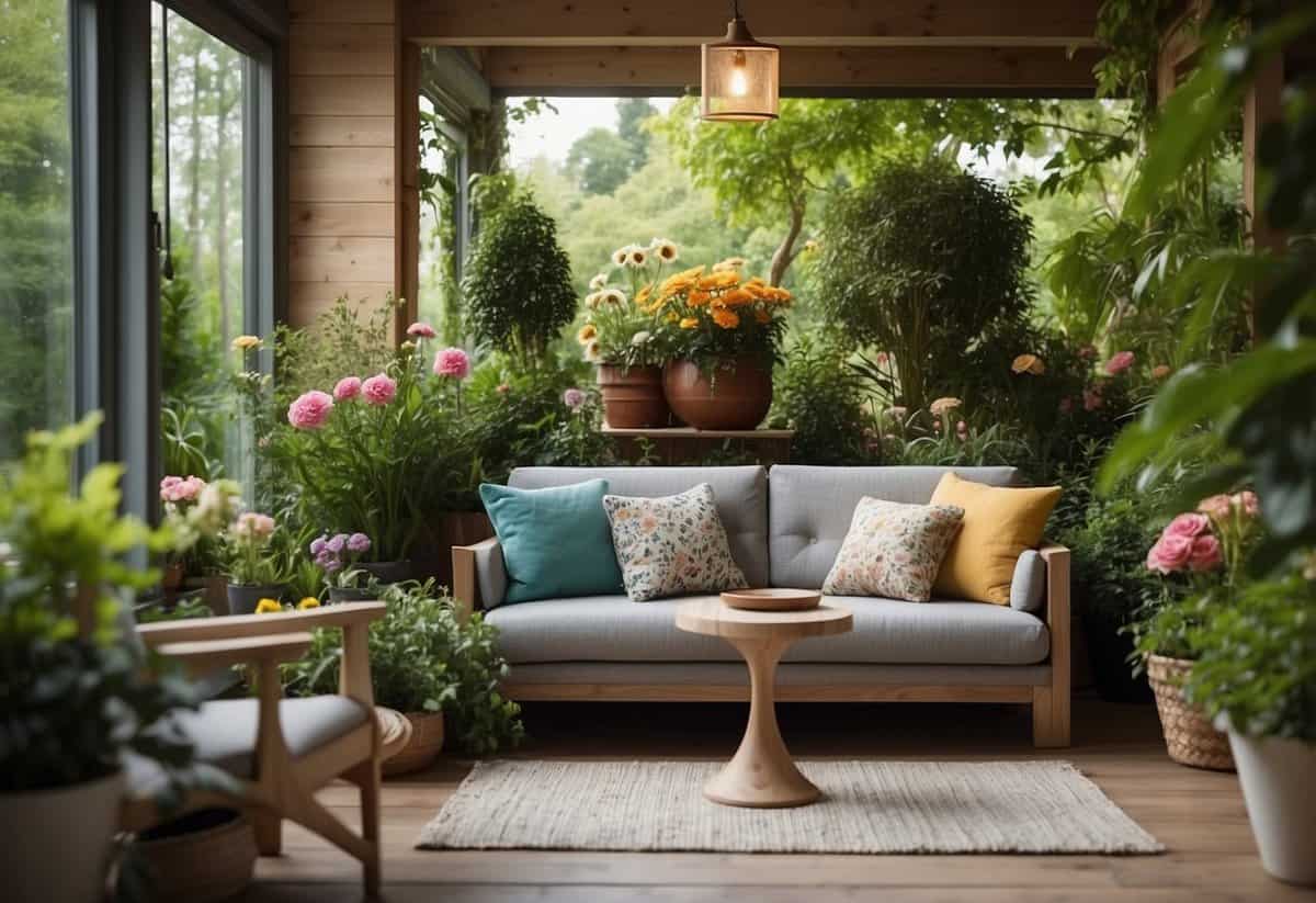 A cozy garden living room with a comfortable sofa, surrounded by lush greenery and colorful flowers, creating a peaceful and inviting atmosphere