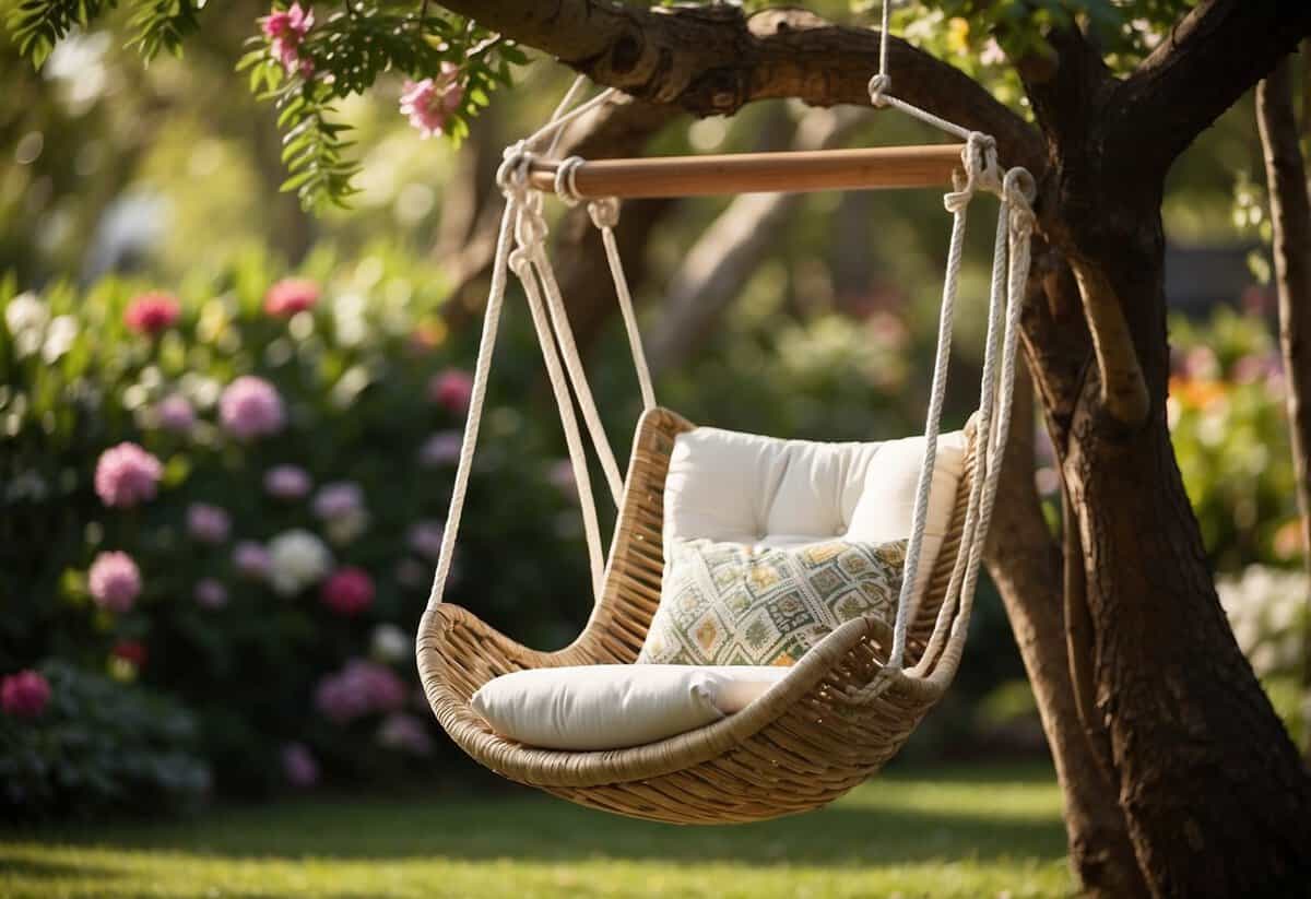 An egg swing chair hangs from a sturdy tree branch in a lush garden, surrounded by colorful flowers and greenery