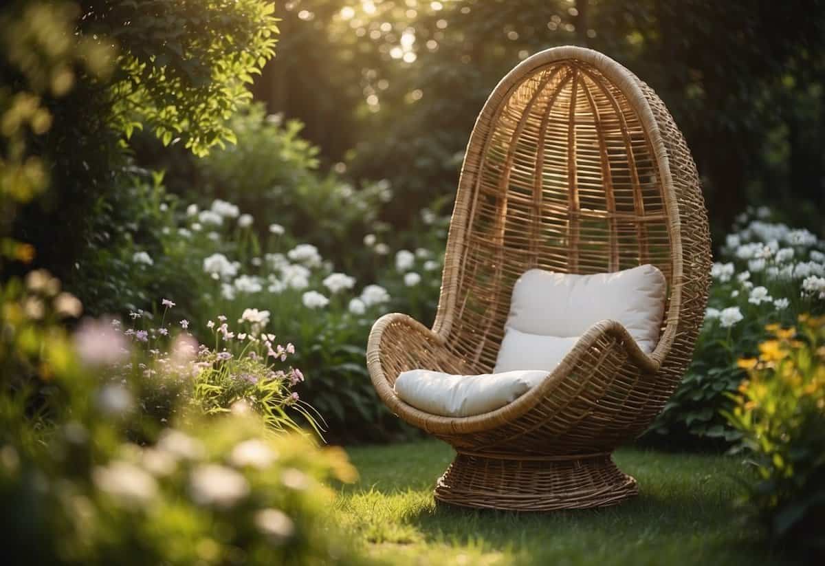 A wicker egg chair sits in a lush garden, surrounded by blooming flowers and greenery. The chair is positioned under a tree, with dappled sunlight filtering through the leaves