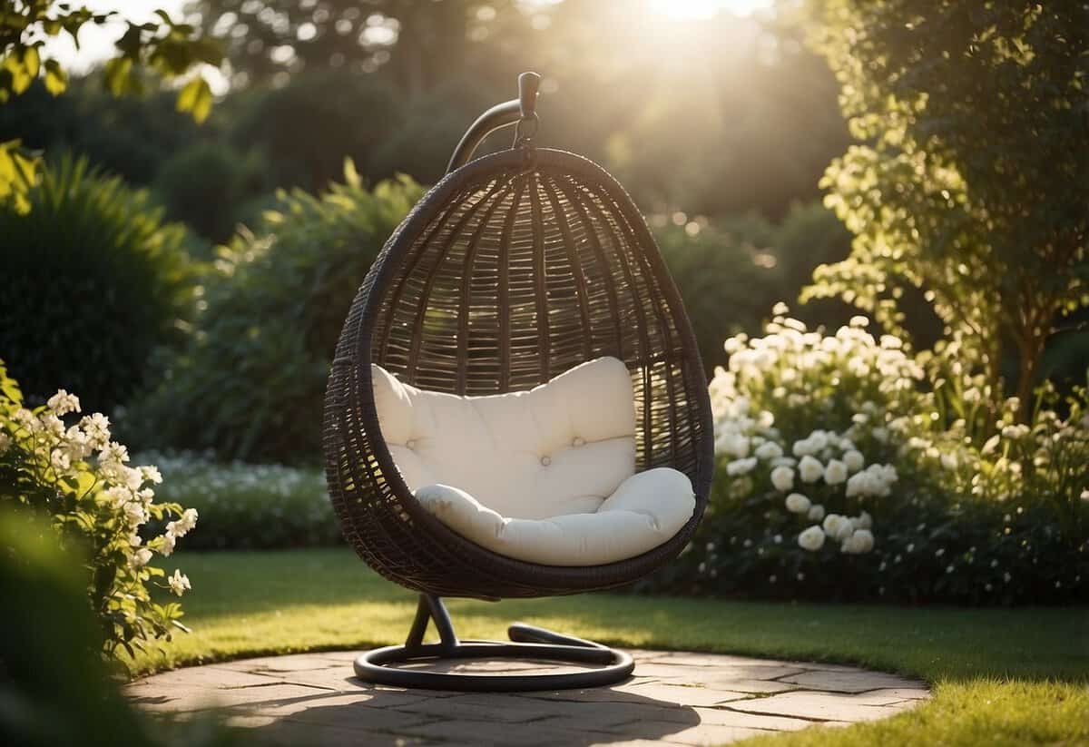 A double egg chair with stand sits in a lush garden, surrounded by blooming flowers and greenery. The sun shines down, casting dappled shadows on the chair's curved surface