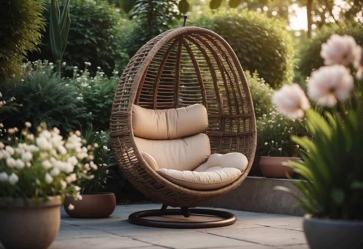 A luxurious egg chair sits in a stylish garden patio, surrounded by lush greenery and blooming flowers, creating a tranquil and inviting outdoor space